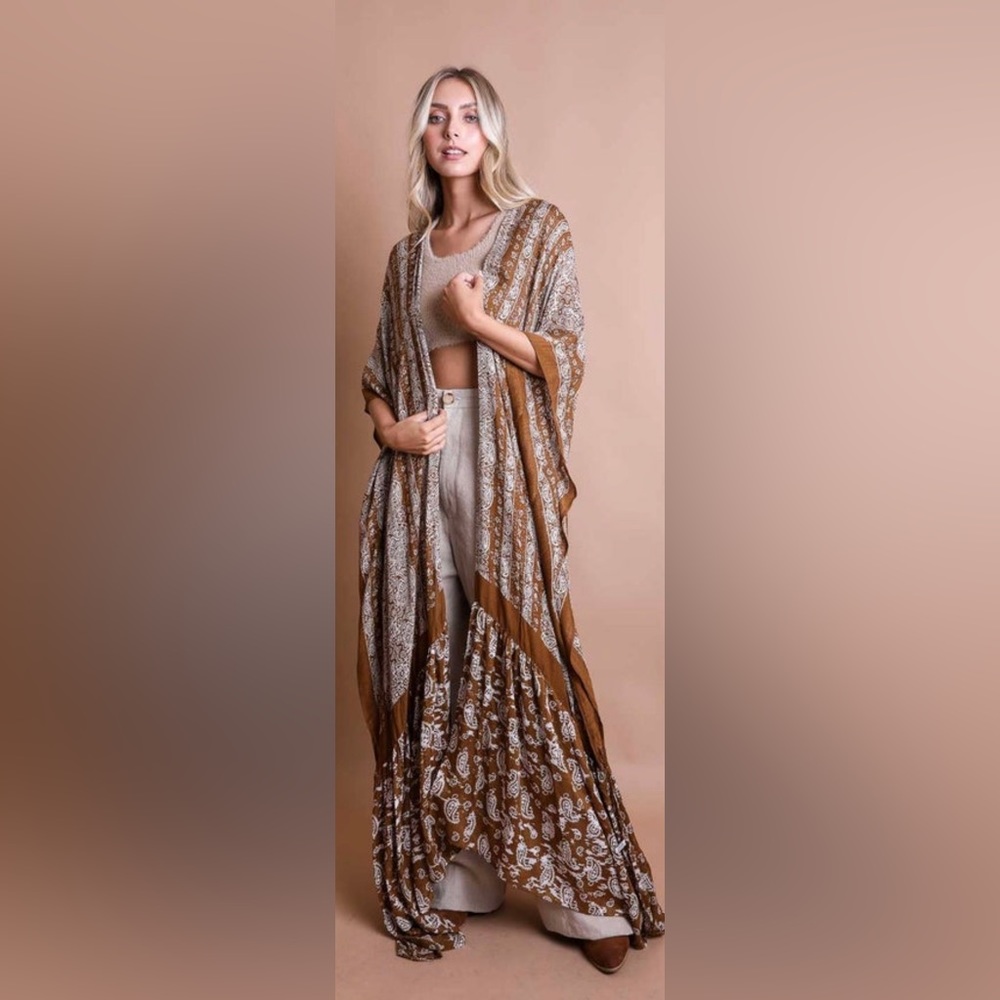 Women's Boho Paisley Kimono Duster in Brown